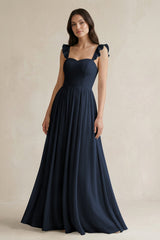Ruffled Spaghetti Strap Chiffon A - Line Bridesmaid Dress in Dark Navy - KISS BRIDAL Bridesmaid Dresses
