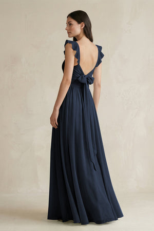 Ruffled Spaghetti Strap Chiffon A - Line Bridesmaid Dress in Dark Navy - KISS BRIDAL Bridesmaid Dresses