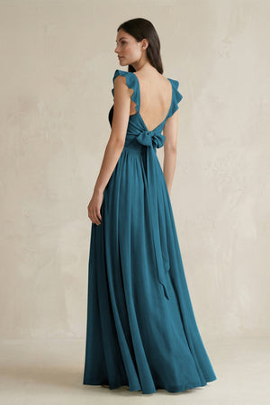Ruffled Spaghetti Strap Chiffon A - Line Bridesmaid Dress in Dark Teal - KISS BRIDAL Bridesmaid Dresses