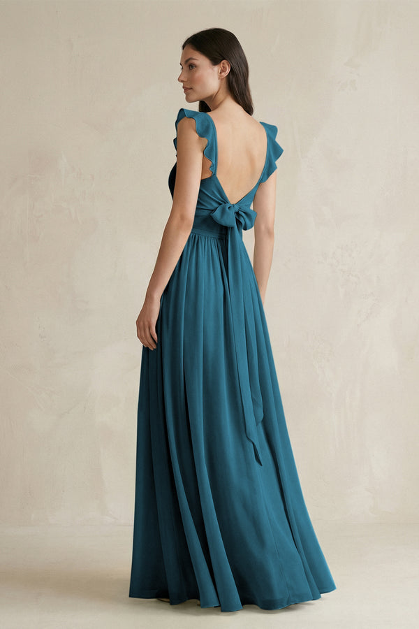 Ruffled Spaghetti Strap Chiffon A - Line Bridesmaid Dress in Dark Teal - KISS BRIDAL Bridesmaid Dresses