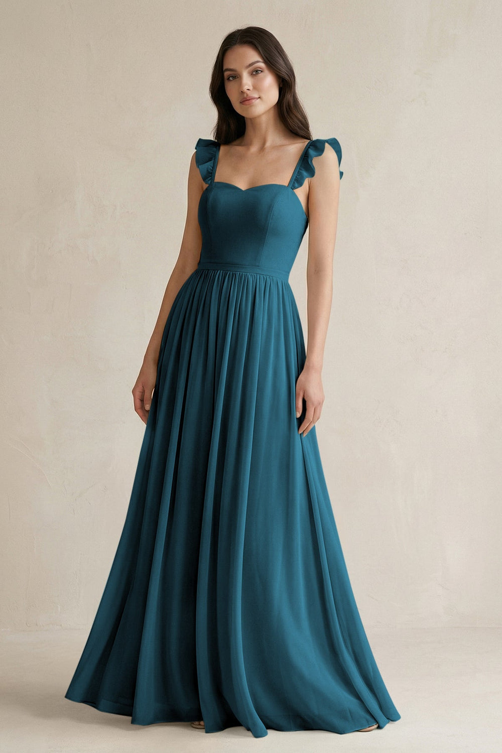 Ruffled Spaghetti Strap Chiffon A - Line Bridesmaid Dress in Dark Teal - KISS BRIDAL Bridesmaid Dresses