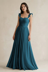 Ruffled Spaghetti Strap Chiffon A - Line Bridesmaid Dress in Dark Teal - KISS BRIDAL Bridesmaid Dresses