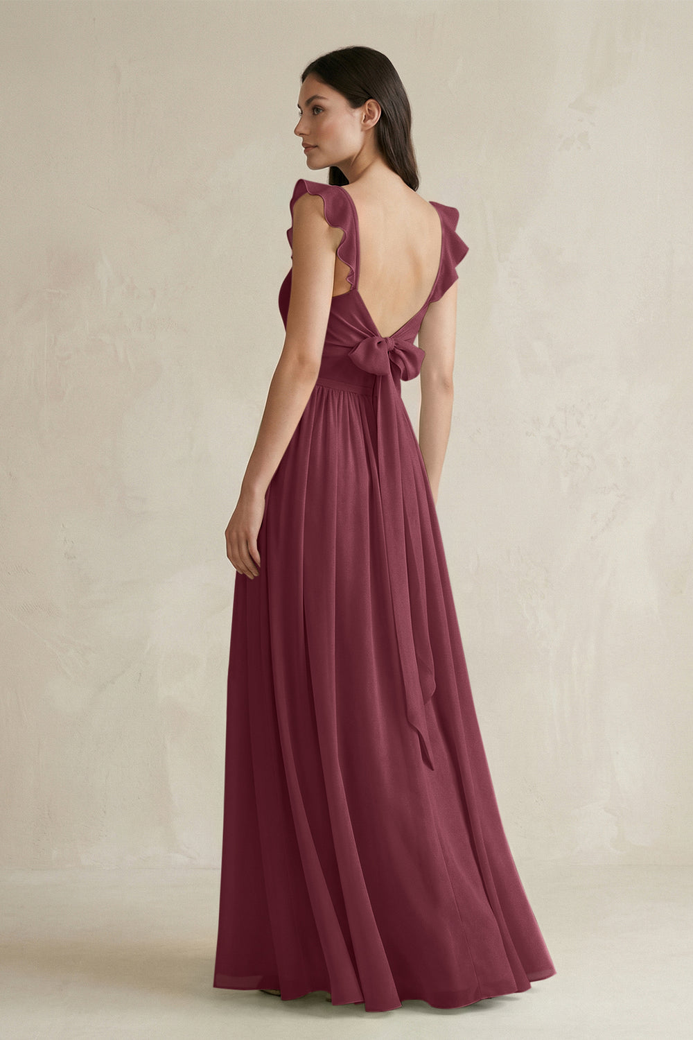 Ruffled Spaghetti Strap Chiffon A-Line Bridesmaid Dress in Desert Rose