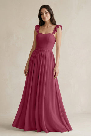 Ruffled Spaghetti Strap Chiffon A - Line Bridesmaid Dress in Desert Rose - SHE IS ME Bridesmaid Dresses