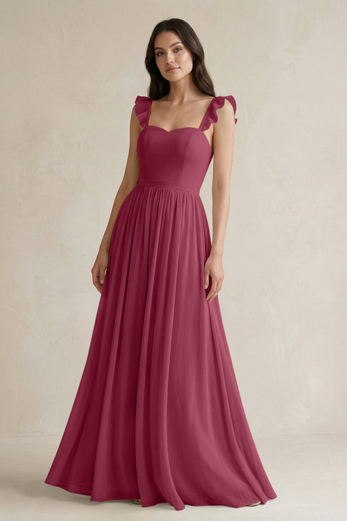 Ruffled Spaghetti Strap Chiffon A - Line Bridesmaid Dress in Desert Rose - SHE IS ME Bridesmaid Dresses