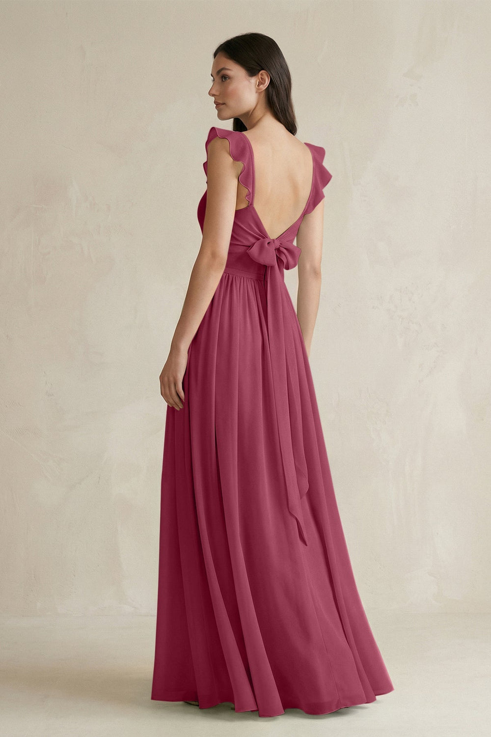 Ruffled Spaghetti Strap Chiffon A - Line Bridesmaid Dress in Desert Rose - SHE IS ME Bridesmaid Dresses