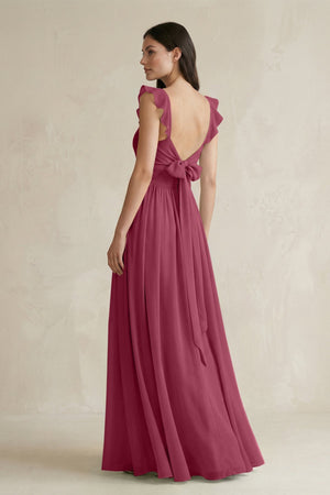 Ruffled Spaghetti Strap Chiffon A - Line Bridesmaid Dress in Desert Rose - SHE IS ME Bridesmaid Dresses