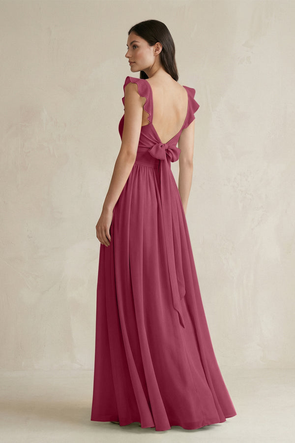Ruffled Spaghetti Strap Chiffon A - Line Bridesmaid Dress in Desert Rose - SHE IS ME Bridesmaid Dresses