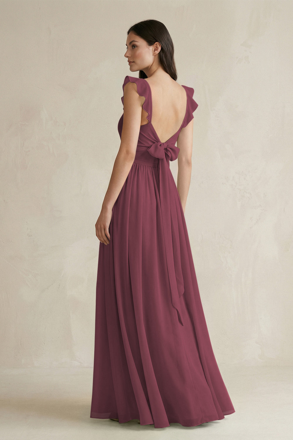 Ruffled Spaghetti Strap Chiffon A-Line Bridesmaid Dress in Desert Rose