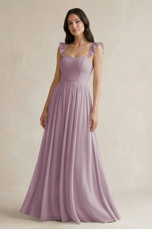 Ruffled Spaghetti Strap Chiffon A - Line Bridesmaid Dress in Dusk - SHE IS ME Bridesmaid Dresses