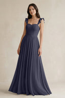 Ruffled Spaghetti Strap Chiffon A - Line Bridesmaid Dress in Dusk Blue - KISS BRIDAL Bridesmaid Dresses