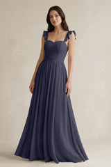 Ruffled Spaghetti Strap Chiffon A - Line Bridesmaid Dress in Dusk Blue - KISS BRIDAL Bridesmaid Dresses