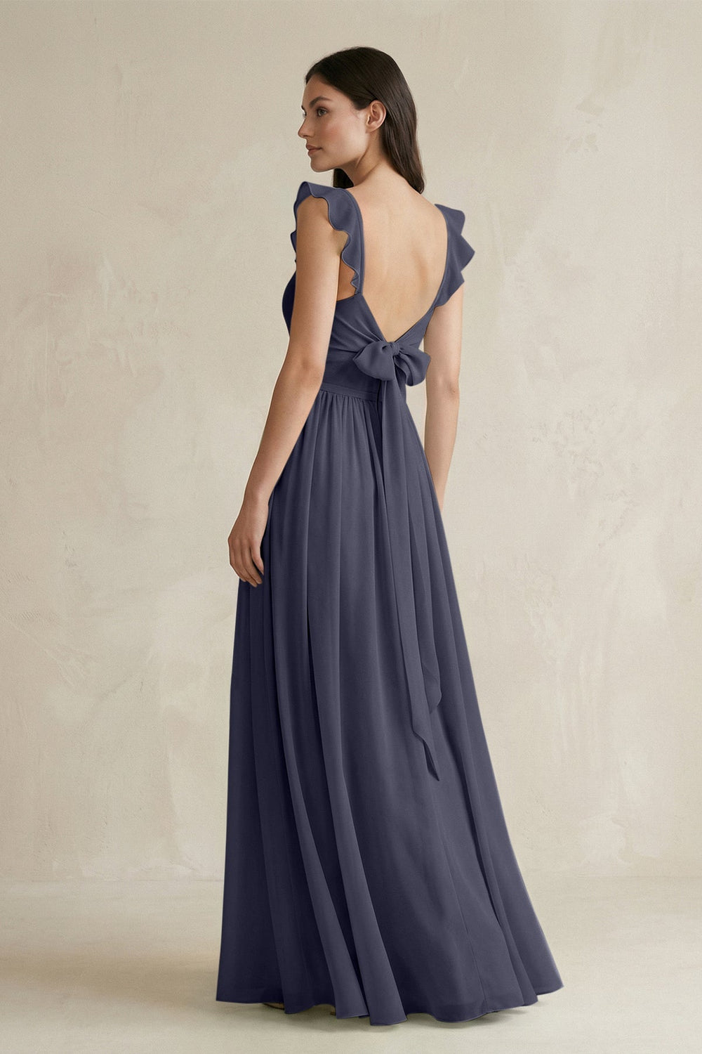 Ruffled Spaghetti Strap Chiffon A - Line Bridesmaid Dress in Dusk Blue - KISS BRIDAL Bridesmaid Dresses