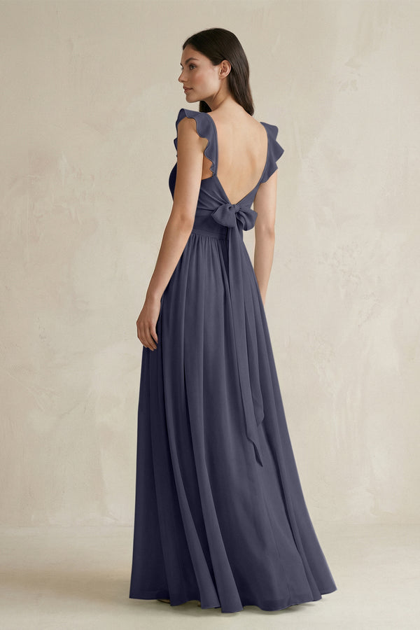Ruffled Spaghetti Strap Chiffon A - Line Bridesmaid Dress in Dusk Blue - KISS BRIDAL Bridesmaid Dresses