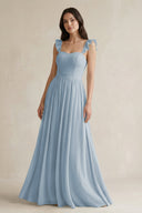 Ruffled Spaghetti Strap Chiffon A - Line Bridesmaid Dress in Dusty Blue - KISS BRIDAL Bridesmaid Dresses