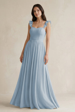 Ruffled Spaghetti Strap Chiffon A - Line Bridesmaid Dress in Dusty Blue - KISS BRIDAL Bridesmaid Dresses