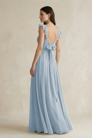 Ruffled Spaghetti Strap Chiffon A - Line Bridesmaid Dress in Dusty Blue - KISS BRIDAL Bridesmaid Dresses