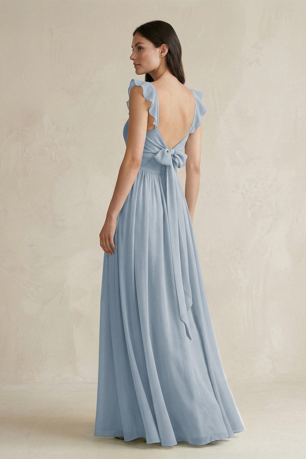 Ruffled Spaghetti Strap Chiffon A-Line Bridesmaid Dress in Dusty Blue