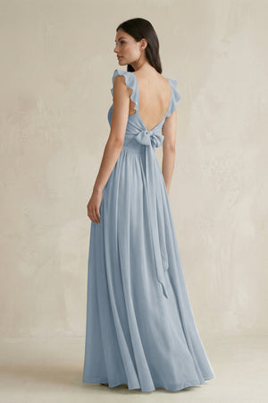 Ruffled Spaghetti Strap Chiffon A - Line Bridesmaid Dress in Dusty Blue - KISS BRIDAL Bridesmaid Dresses