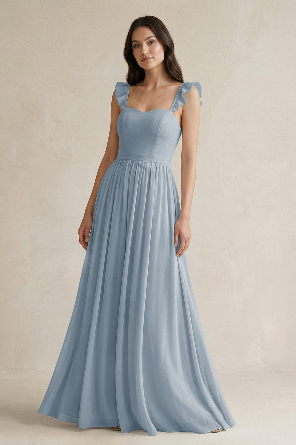 Ruffled Spaghetti Strap Chiffon A-Line Bridesmaid Dress in Dusty Blue