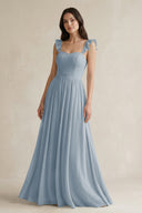 Ruffled Spaghetti Strap Chiffon A - Line Bridesmaid Dress in Dusty Blue - KISS BRIDAL Bridesmaid Dresses