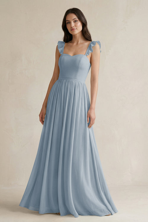 Ruffled Spaghetti Strap Chiffon A - Line Bridesmaid Dress in Dusty Blue - KISS BRIDAL Bridesmaid Dresses