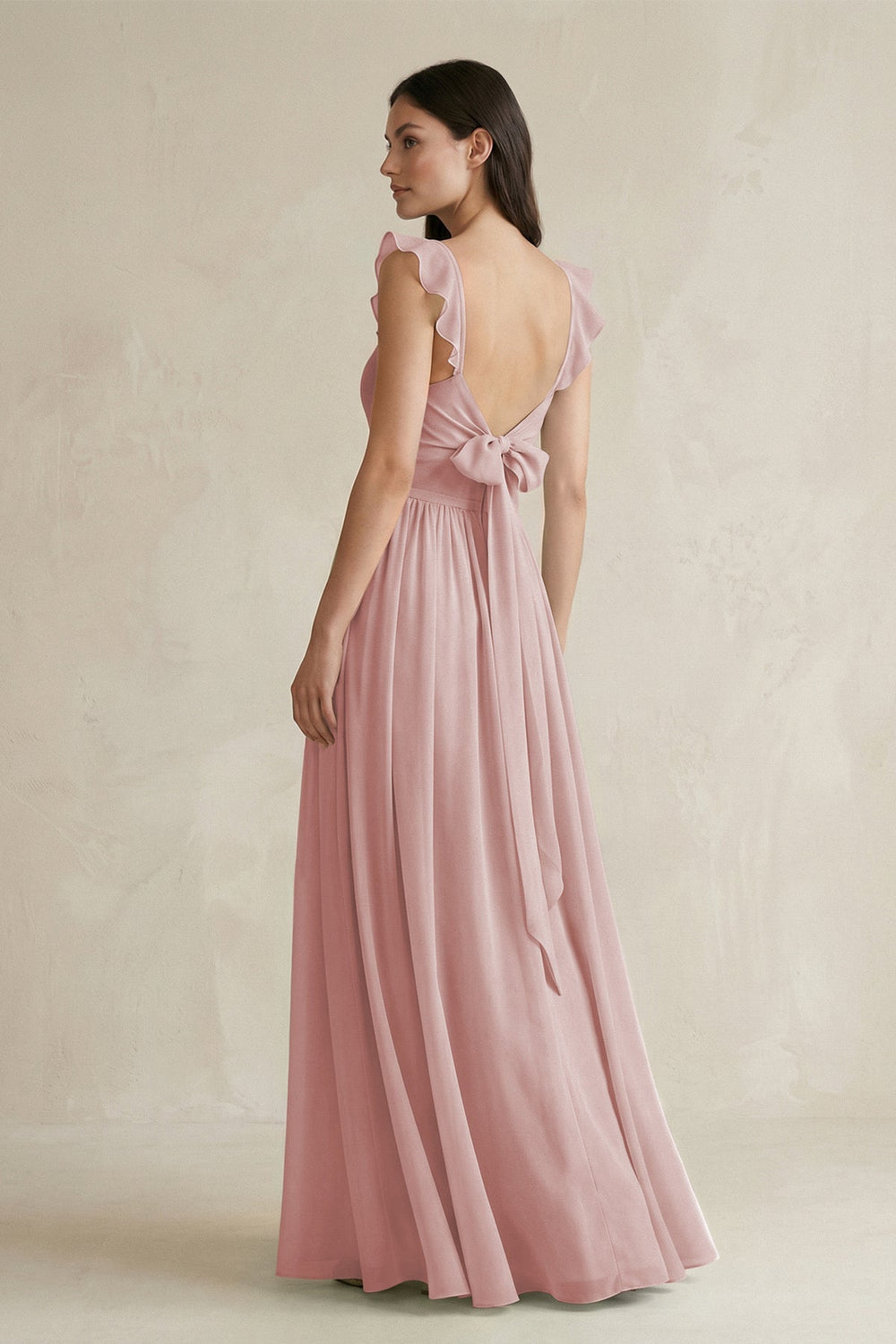 Ruffled Spaghetti Strap Chiffon A - Line Bridesmaid Dress in Dusty Rose - KISS BRIDAL Bridesmaid Dresses