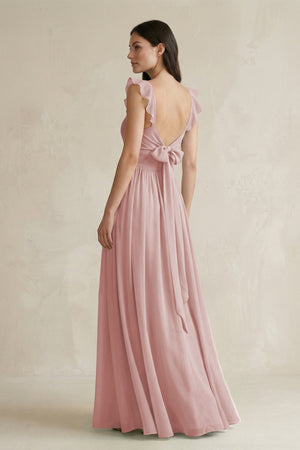 Ruffled Spaghetti Strap Chiffon A - Line Bridesmaid Dress in Dusty Rose - SHE IS ME Bridesmaid Dresses