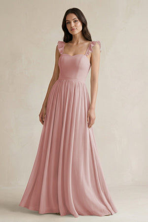 Ruffled Spaghetti Strap Chiffon A - Line Bridesmaid Dress in Dusty Rose - SHE IS ME Bridesmaid Dresses