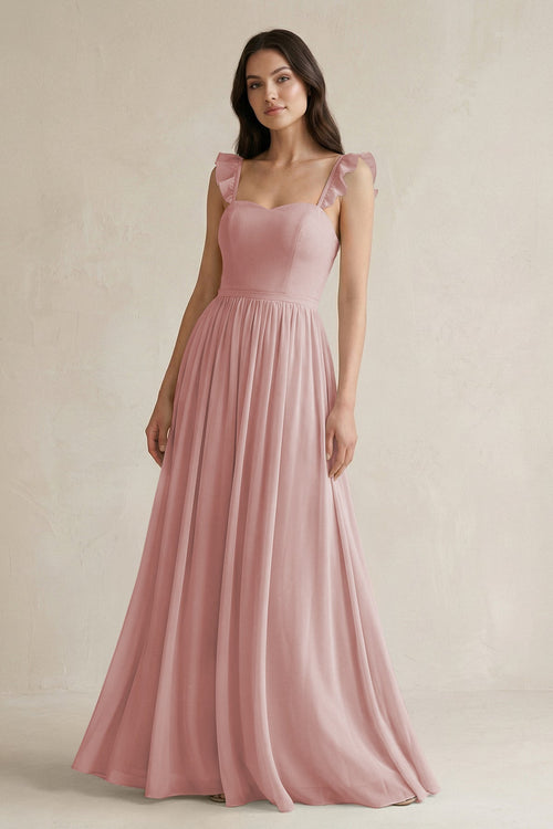 Ruffled Spaghetti Strap Chiffon A - Line Bridesmaid Dress in Dusty Rose - SHE IS ME Bridesmaid Dresses