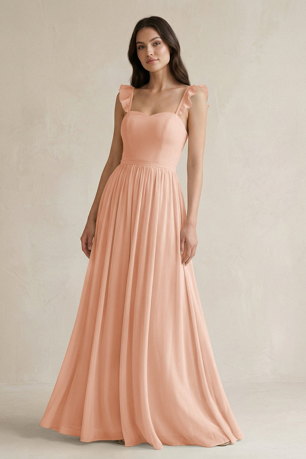 Ruffled Spaghetti Strap Chiffon A - Line Bridesmaid Dress in English Rose - KISS BRIDAL Bridesmaid Dresses