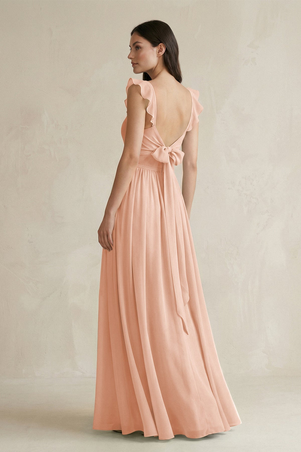 Ruffled Spaghetti Strap Chiffon A - Line Bridesmaid Dress in English Rose - KISS BRIDAL Bridesmaid Dresses