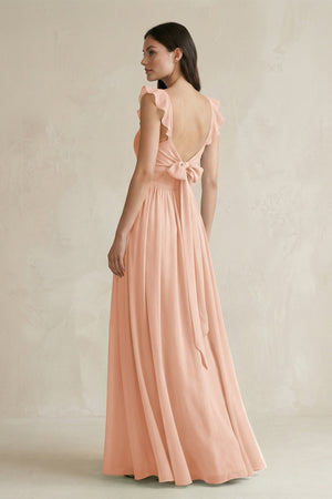 Ruffled Spaghetti Strap Chiffon A - Line Bridesmaid Dress in English Rose - KISS BRIDAL Bridesmaid Dresses
