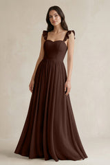 Ruffled Spaghetti Strap Chiffon A - Line Bridesmaid Dress in Espresso - KISS BRIDAL Bridesmaid Dresses