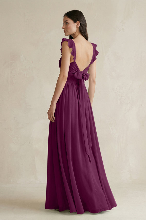 Ruffled Spaghetti Strap Chiffon A - Line Bridesmaid Dress in Fig - SHE IS ME Bridesmaid Dresses