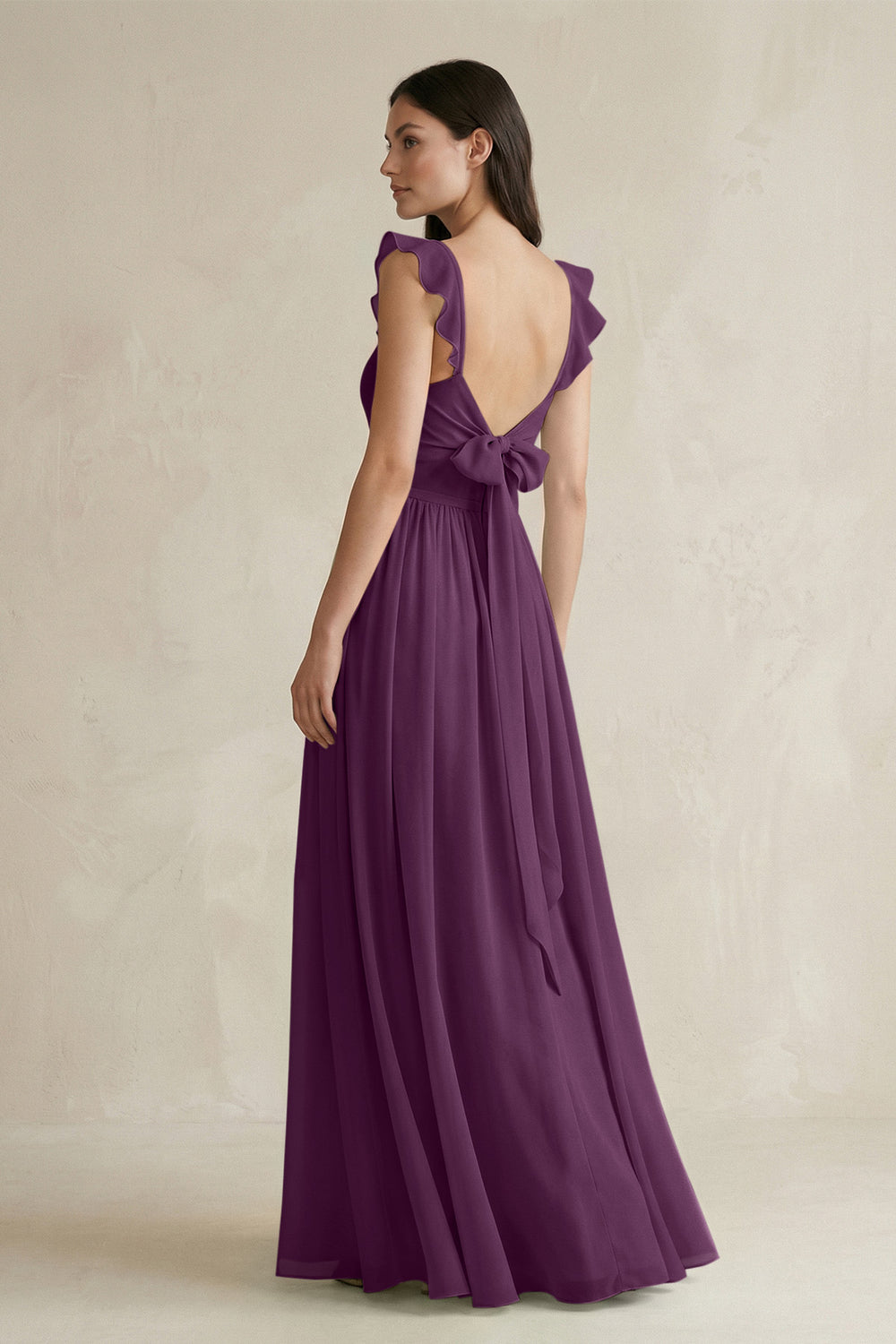 Ruffled Spaghetti Strap Chiffon A-Line Bridesmaid Dress in Fig