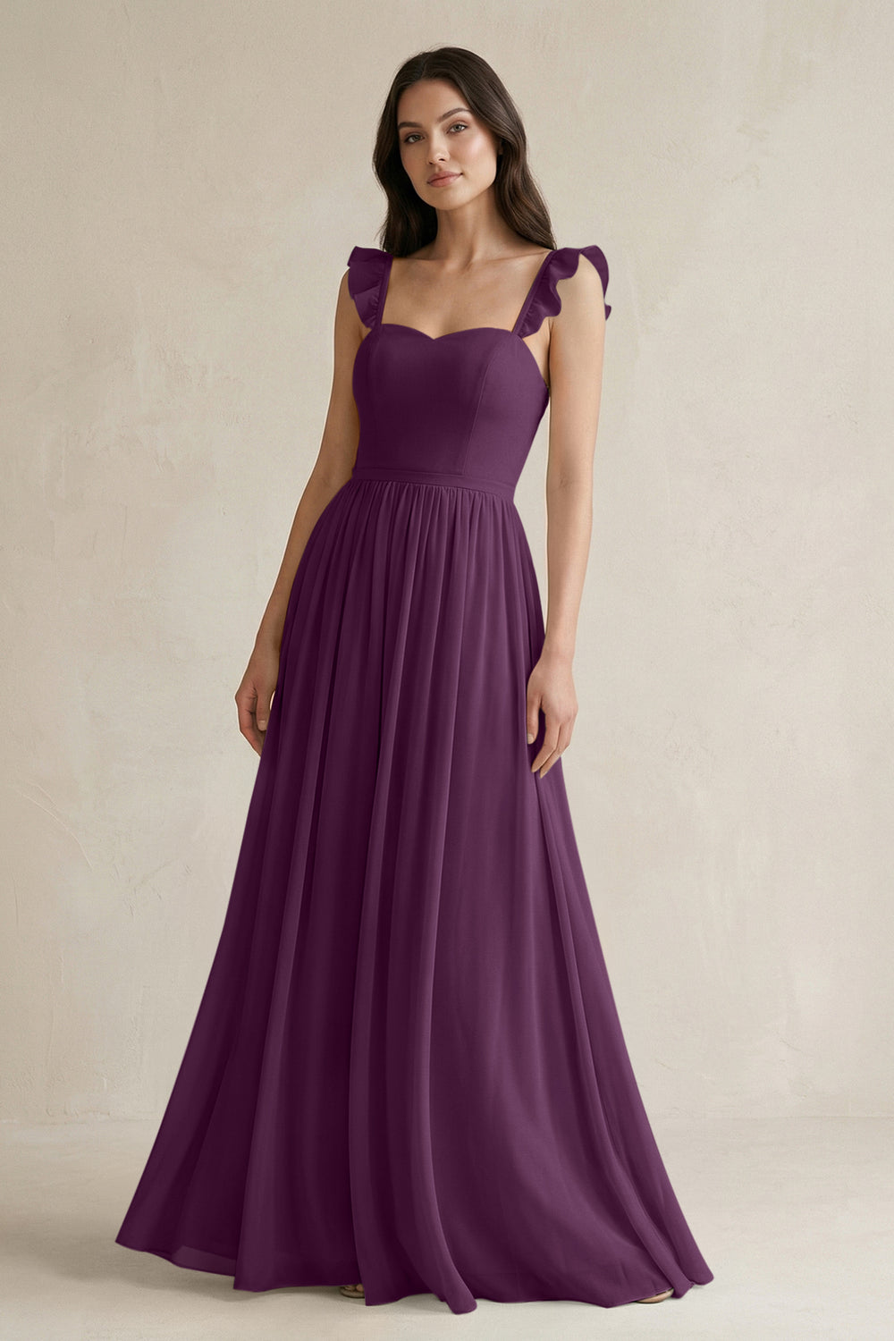 Ruffled Spaghetti Strap Chiffon A-Line Bridesmaid Dress in Fig