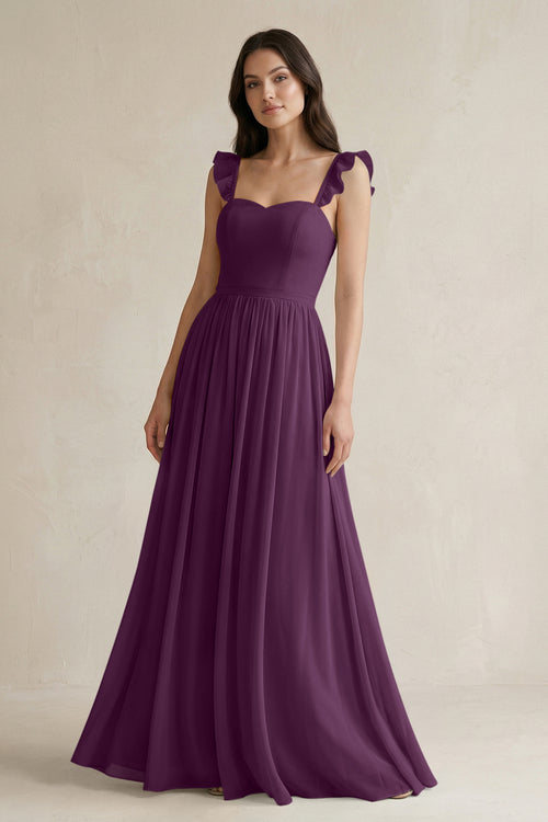 Ruffled Spaghetti Strap Chiffon A - Line Bridesmaid Dress in Fig - KISS BRIDAL Bridesmaid Dresses
