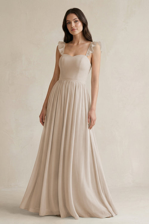 Ruffled Spaghetti Strap Chiffon A - Line Bridesmaid Dress in Frost - SHE IS ME Bridesmaid Dresses