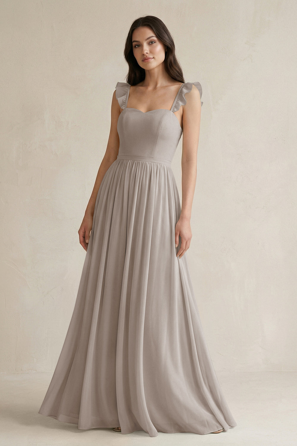 Ruffled Spaghetti Strap Chiffon A-Line Bridesmaid Dress in Frost