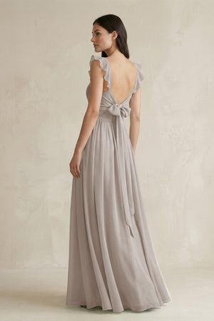 Ruffled Spaghetti Strap Chiffon A - Line Bridesmaid Dress in Frost - KISS BRIDAL Bridesmaid Dresses