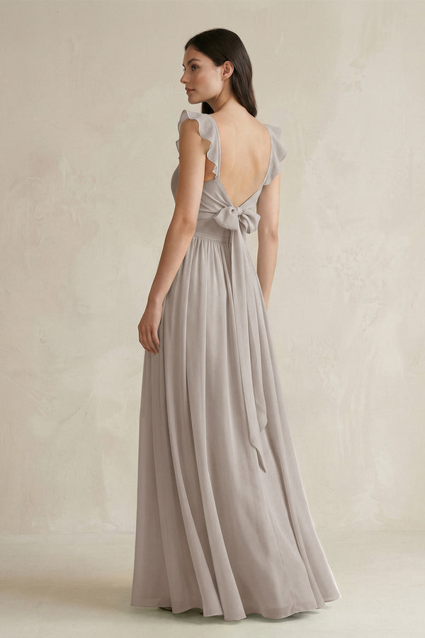 Ruffled Spaghetti Strap Chiffon A - Line Bridesmaid Dress in Frost - KISS BRIDAL Bridesmaid Dresses