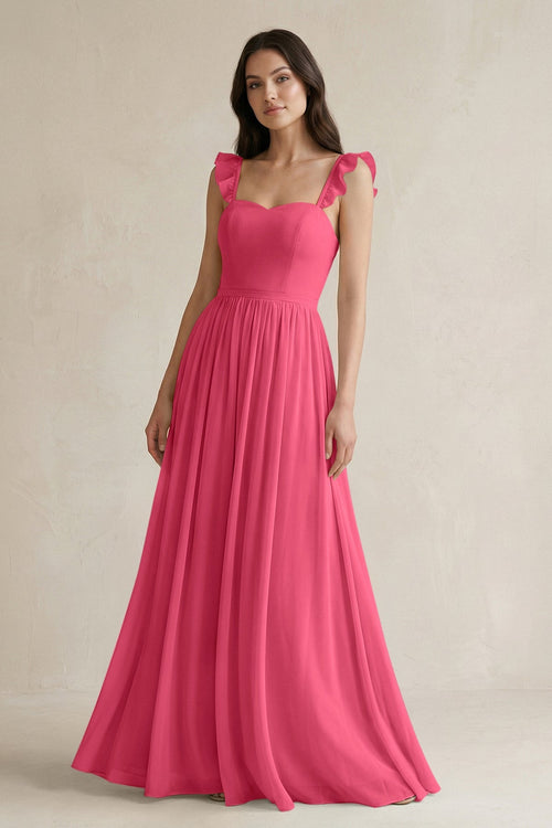 Ruffled Spaghetti Strap Chiffon A - Line Bridesmaid Dress in Fuchsia - KISS BRIDAL Bridesmaid Dresses