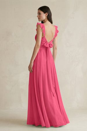 Ruffled Spaghetti Strap Chiffon A - Line Bridesmaid Dress in Fuchsia - KISS BRIDAL Bridesmaid Dresses