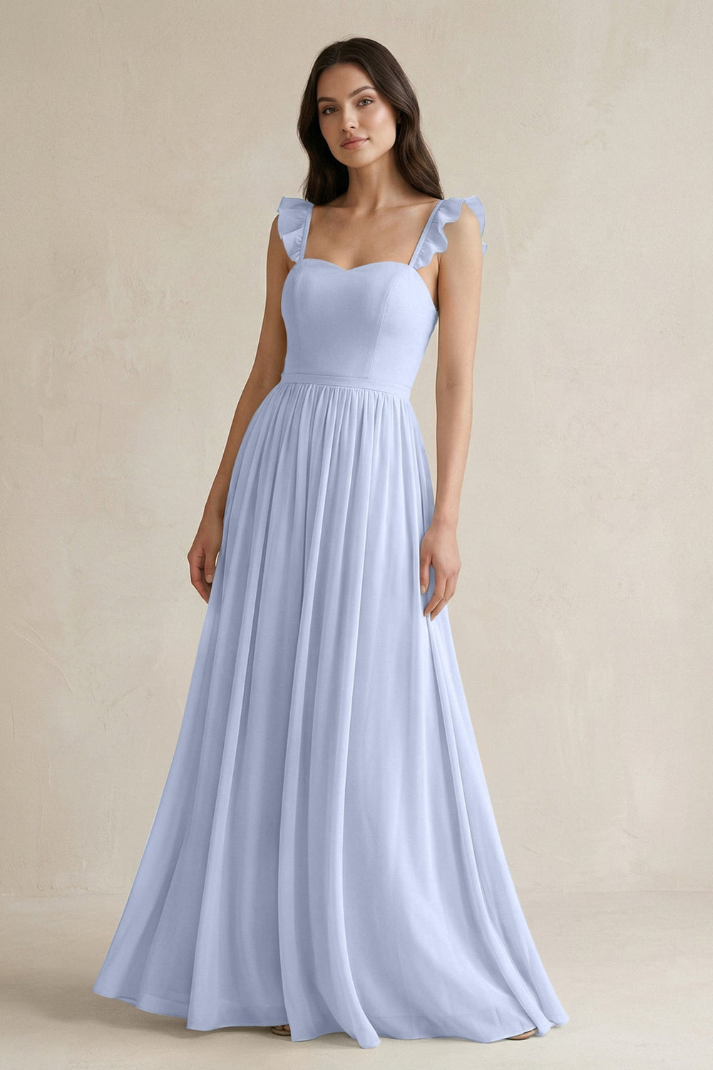 Ruffled Spaghetti Strap Chiffon A - Line Bridesmaid Dress in Ice - KISS BRIDAL Bridesmaid Dresses