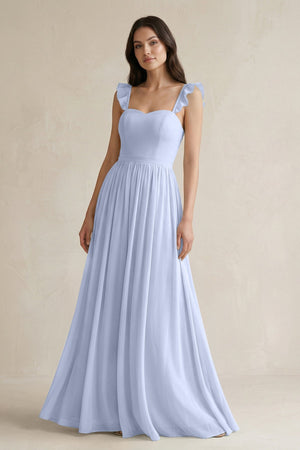 Ruffled Spaghetti Strap Chiffon A - Line Bridesmaid Dress in Ice - KISS BRIDAL Bridesmaid Dresses