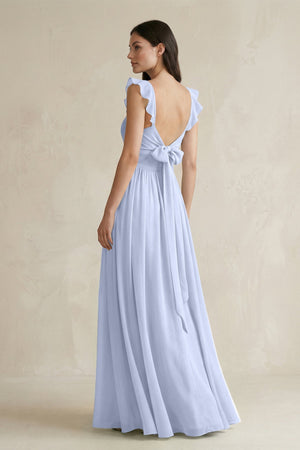 Ruffled Spaghetti Strap Chiffon A - Line Bridesmaid Dress in Ice - KISS BRIDAL Bridesmaid Dresses