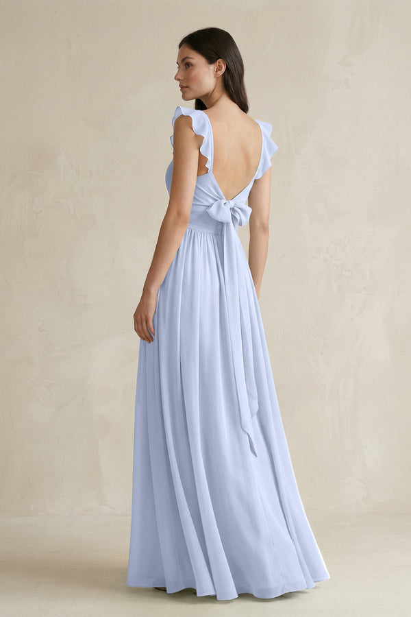 Ruffled Spaghetti Strap Chiffon A - Line Bridesmaid Dress in Ice - KISS BRIDAL Bridesmaid Dresses