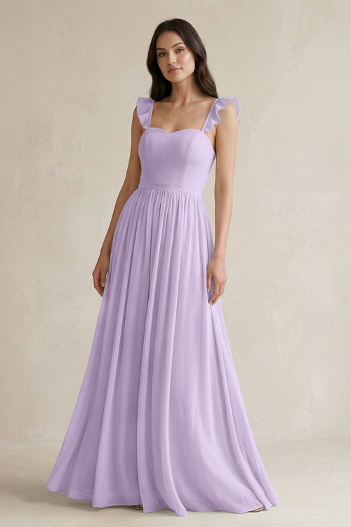 Ruffled Spaghetti Strap Chiffon A - Line Bridesmaid Dress in Lavender - KISS BRIDAL Bridesmaid Dresses