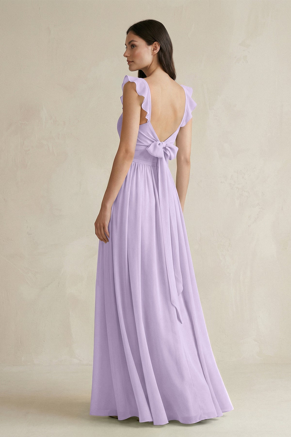 Ruffled Spaghetti Strap Chiffon A - Line Bridesmaid Dress in Lavender - KISS BRIDAL Bridesmaid Dresses